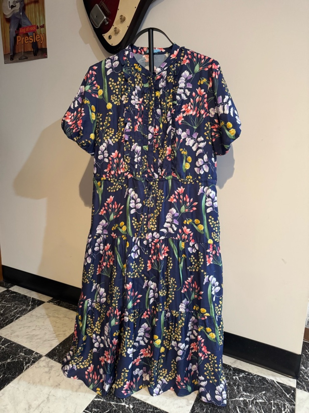 J. McLaughlin Silk Blend Floral Dress M Navy Botanical Puff Sleeve Cottagecore